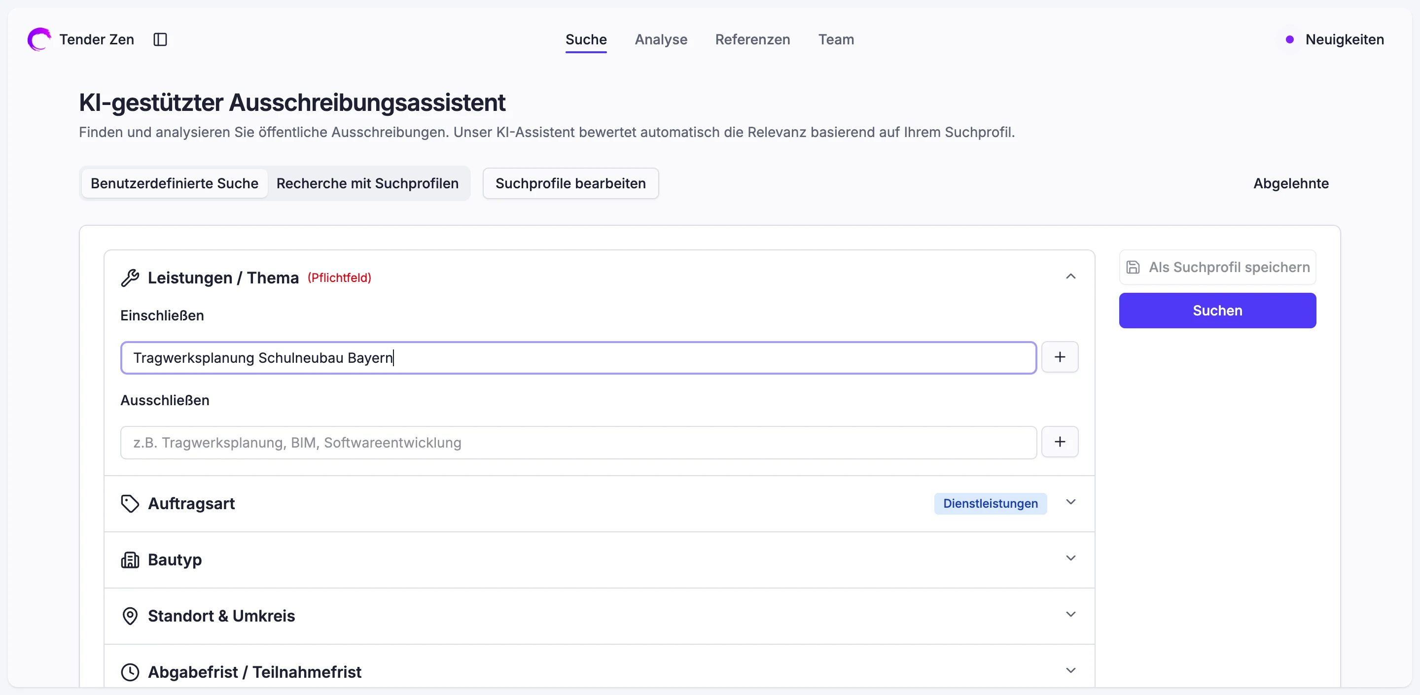 Such-Agent von Tender Zen mit der Ausschreibungssuche